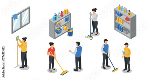 Isometric cleaning team in action workers with supplies and equipment