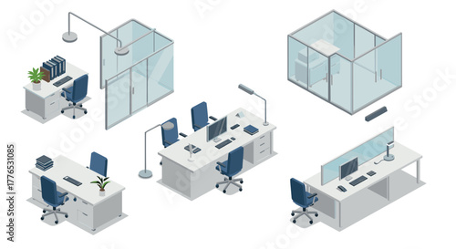Modern office workspace design with isometric furniture and glass partitions