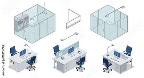 Modern office interior with glass partitions and ergonomic workstations