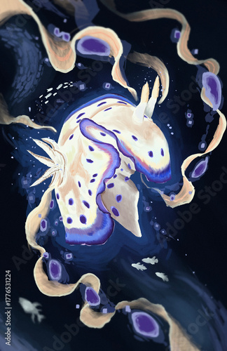 Bild auf Leinwand Cream, Blue and Navy Abstract Sea Slug Illustration