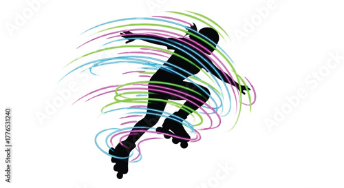 Dynamic silhouette of a person rollerblading with colorful streaks of motion