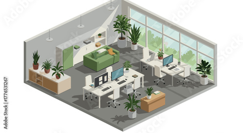 Modern isometric office interior with plants and desks in open workspace design