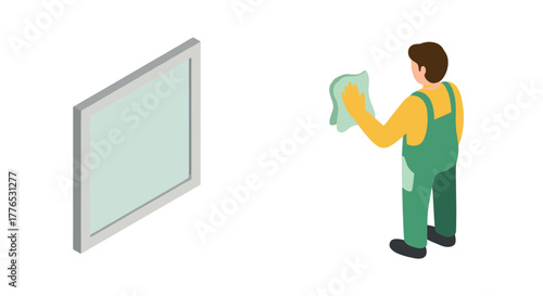 Isometric cleaning concept with person washing window using green cloth