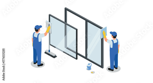 Isometric window cleaning scene with workers in uniforms and cleaning supplies