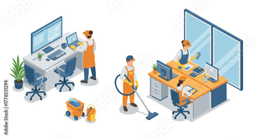 Isometric office cleaning scene with workers and equipment in modern workspace