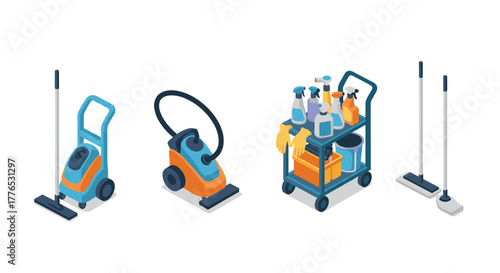 Cleaning equipment set with vacuum, cart and supplies in isometric style
