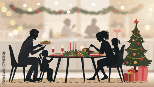 Family Christmas dinner silhouette with festive decorations and a decorated tree creating a joyful scene