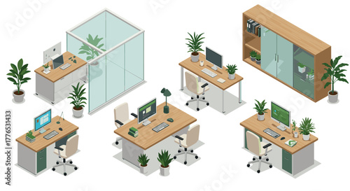 Modern office workspace with isometric desk and plant arrangement