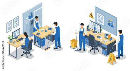 Isometric office cleaning workers maintain neatness and workstations with attention to hygiene and safety