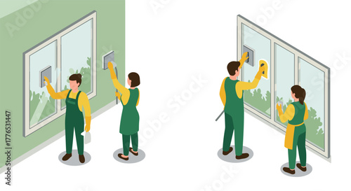 Isometric window cleaning by professionals in uniform with modern tools