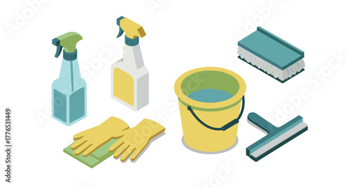 Isometric cleaning equipment set with spray bottles, scrub brush, and gloves