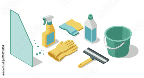 Essential cleaning tools isometric set for home chores and hygiene