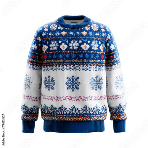 Colorful Winter Sweater With Festive Patterns and Snowflakes for Holiday Cele...