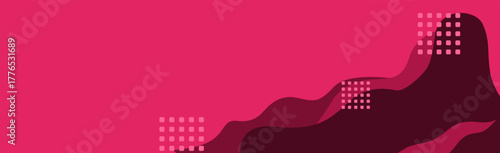Abstract Pink Landscape With Dark Wavy Lines And Grid Dots On Magenta Background