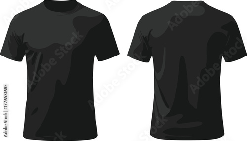 Black t-shirt mockup, blank apparel template, front and back view, crew neck shirt, fashion design, clothing presentation, isolated