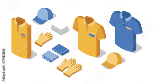 Isometric fashion set with polo shirts, caps, and accessories on white background