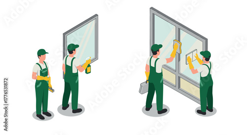 Isometric window cleaning workers in uniform with tools and gloves