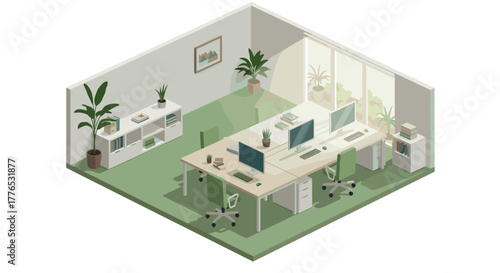 Modern isometric office space with green decor and natural light