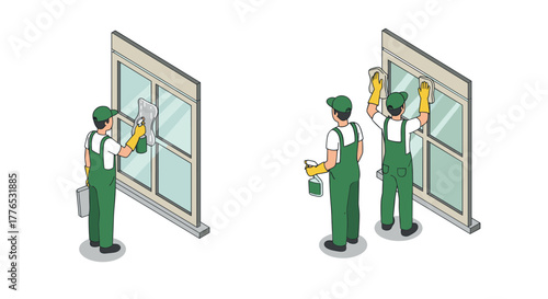 Isometric window cleaning service with professional workers using tools and equipment
