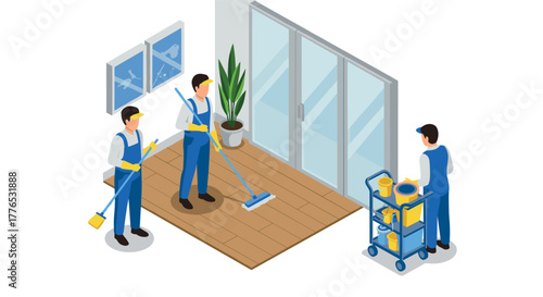 Professional cleaning team in action isometric workers maintaining a modern interior