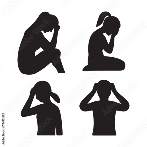 Set of Depressed Women Silhouettes Representing Sadness, Grief, and Mental Health Issues