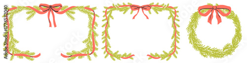 Christmas decoration border with fir branches and bow and ribbon in vintage doodle style for poster, placards and party invitations. Christmas New Year design holiday frames vector illustration.