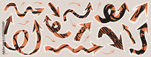 Paper arrow sticker set with playful, dynamic and scribble doodle texture for scrapbook note memo design. Bold grunge arrow sticker kit with torn edges, crayon scribbles and hand drawn funky patterns.