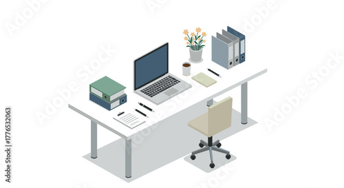 Modern isometric home office workspace with laptop and office supplies