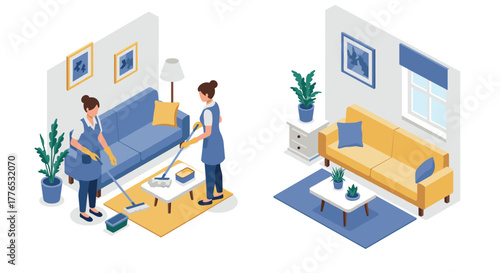 Isometric housekeeping scene featuring a woman cleaning a modern living room