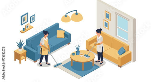 Professional cleaners tidying up a modern living room in isometric style