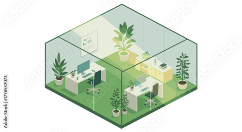 Modern isometric office with greenery, plants, and minimalist design for ecofriendly workspaces
