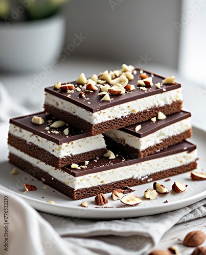 Three square layers of chocolate cake with creamy white filling, topped with smooth dark chocolate and chopped hazelnuts, artfully stacked on a white plate.