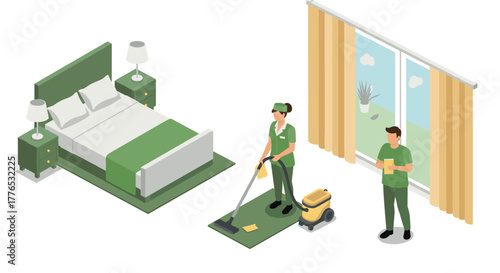 Hotel room cleaning service isometric scene with staff and equipment