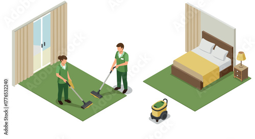 Isometric room cleaning scene with vacuuming housekeeping staff in bedroom