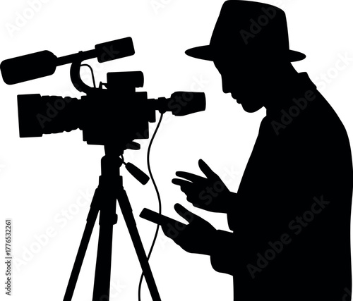 Black silhouette man with camera tripod