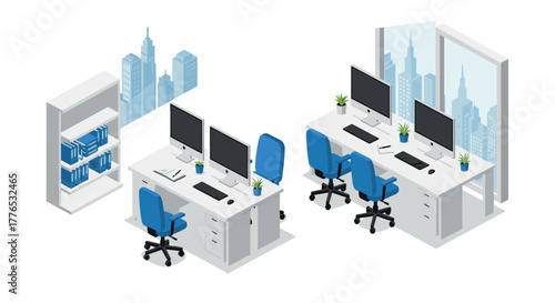 Modern isometric office workspace with computer desks and urban view