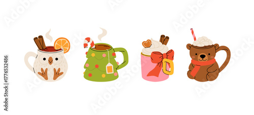 Cute Christmas hot drinks collection, winter coffee, cocoa, and tea in festive mugs with whipped cream, marshmallows, and holiday decorations. Vector flat cartoon illustration.