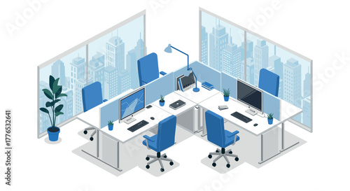 Modern office workspace with city view and blue ergonomic chairs