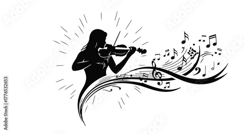 Silhouette of a woman playing violin, with musical notes flowing outwards, symbolizing harmony and creativity.