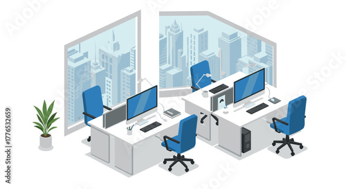 Modern office workspace with city view in isometric style