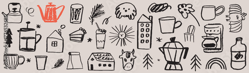 Christmas cafe or market breakfast coffee or brunch vector design graphic elements. Funny wax crayon, charcoal illustrations with winter holidays vibe for advertising, branding, posters and banners.