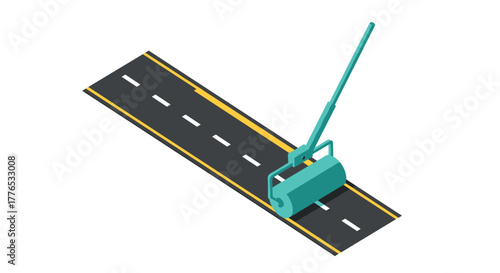 Isometric road construction with steamroller on asphalt highway