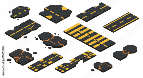Isometric cracked asphalt pieces with yellow road lines in 3d style
