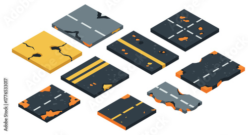 Isometric cracked asphalt road pieces with yellow lines and damage