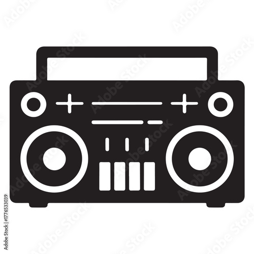 A black boombox isolated on white background, a vintage and retro music player vector illustration for a party