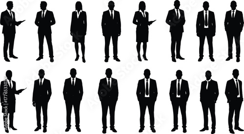 Business silhouettes, corporate team, professional group, diverse workforce, leadership concept, teamwork, office attire, standing pose, business people, career success