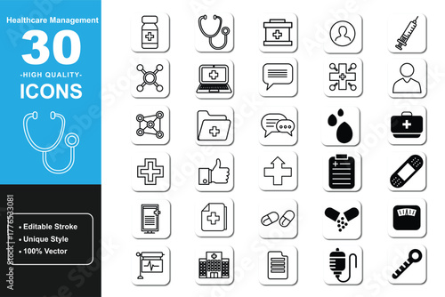 Healthcare Management Icons Set 2025 – Medical Vector Line Symbols & Editable Design Pack
