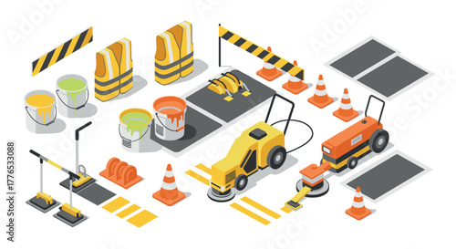 Isometric road construction equipment and safety elements in yellow and orange