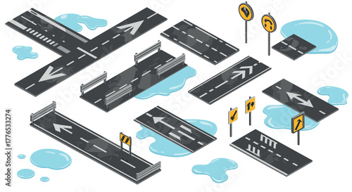 Modular urban road elements with traffic signs and puddles in isometric style