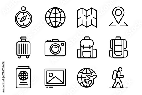 Collection of travel related icons showcasing adventure planning and holiday destinations perfect for tourism industry content and travel blogs